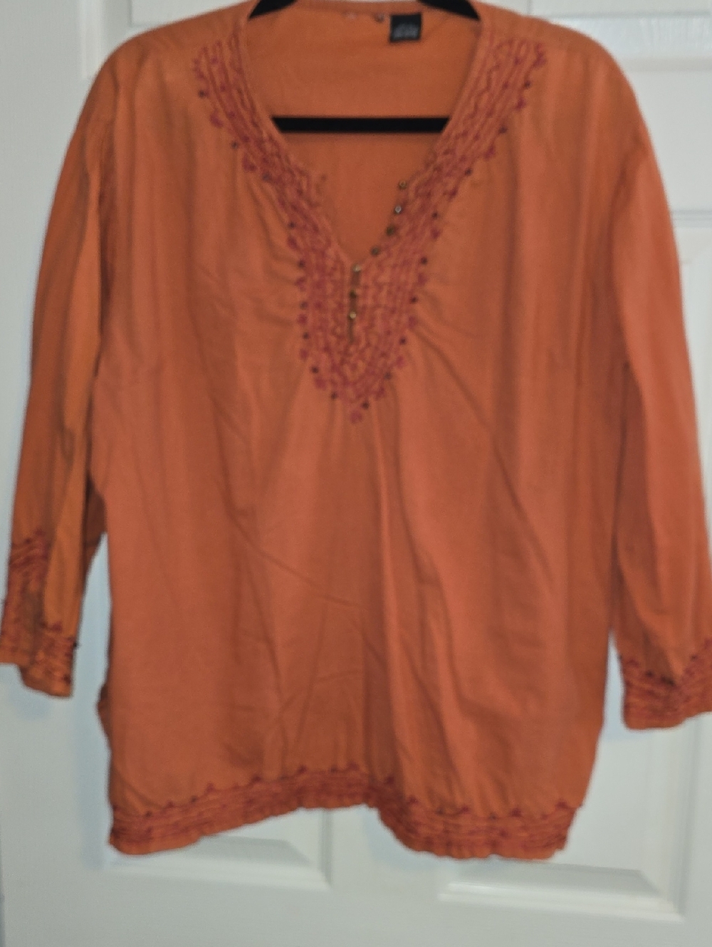 Women's‎ Orange Embroidered V-Neck Tunic Top